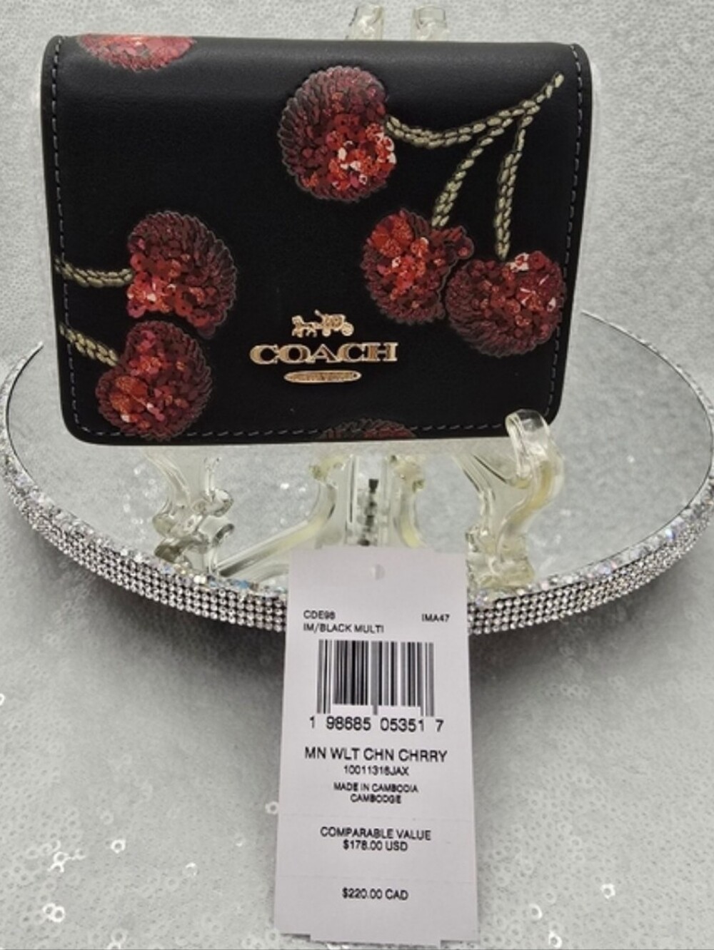 Coach Mini Wallat On A Chain Sequined Cherry Print Black Leather Crossbody - Picture 8 of 14